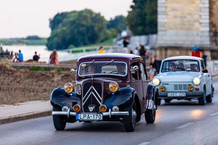 Szeged Hungary Aug 14, 2021: Festival of rear vintage cars - driven by owners - are back and on the road again. Some in detail while on display.のeditorial素材