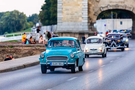 Szeged Hungary Aug 14, 2021: Festival of rear vintage cars (including ex communist's designs) - driven by owners - are back and on the road again. Some in detail while on display.のeditorial素材