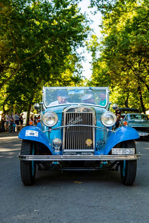 Szeged Hungary Aug 14, 2021: Festival of rear vintage cars - driven by owners - are back and on the road again. Some in detail while on display.のeditorial素材