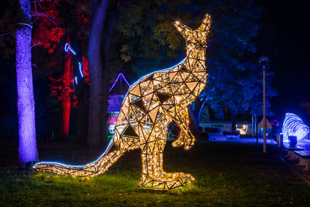 Hungary Budapest Nov. 4 2022: 
 Lumina Park lightshow.  Five continents  in colorfully presented for all ages.のeditorial素材