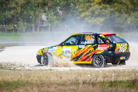 Kakucs Hungary - October 15th 2022: European Rallycross championship modified rally car driving on slalom course at the international rally event.のeditorial素材