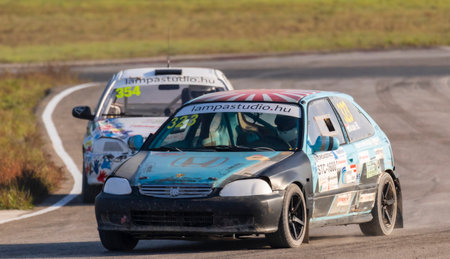 Kakucs Hungary - October 15th 2022: European Rallycross championship modified rally car driving on slalom course at the international rally event.のeditorial素材