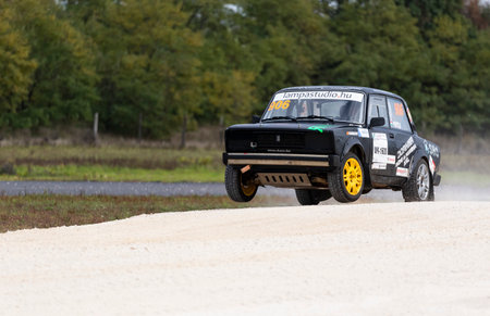 Kakucs Hungary - October 15th 2022: European Rallycross championship modified rally car driving on slalom course at the international rally event.のeditorial素材