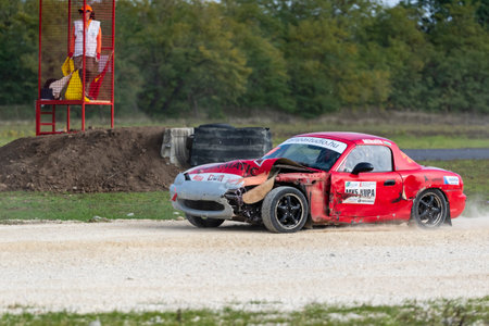Kakucs Hungary - October 15th 2022: European Rallycross championship modified rally car driving on slalom course at the international rally event.のeditorial素材