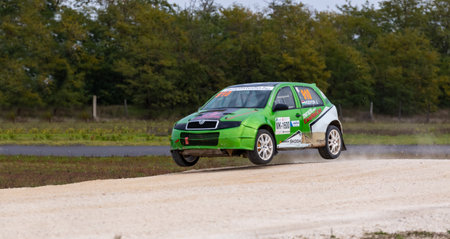 Kakucs Hungary - October 15th 2022: European Rallycross championship modified rally car driving on slalom course at the international rally event.のeditorial素材