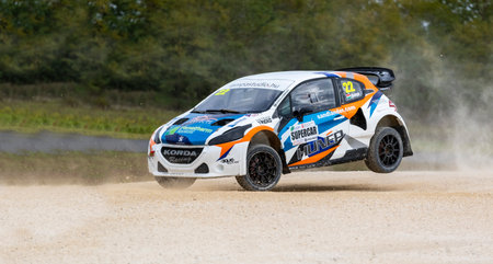 Kakucs Hungary - October 15th 2022: European Rallycross championship modified rally car driving on slalom course at the international rally event.のeditorial素材