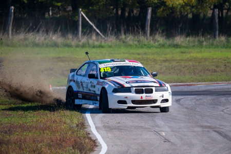 Kakucs Hungary - October 15th 2022: European Rallycross championship modified rally car driving on slalom course at the international rally event.のeditorial素材