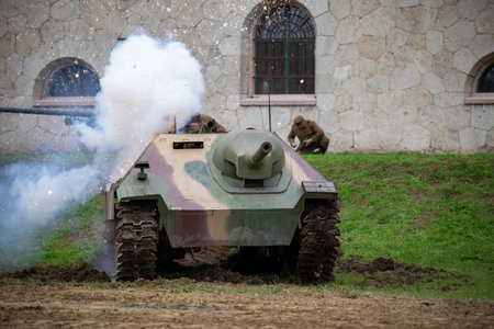 Komarom Hungary fort of Monostor Oct. 2 22: Reenactors World War II German Wehrmacht, SS Soldiers Fighting with invading Soviet red army forces. Free public event.のeditorial素材