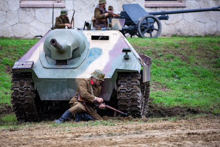 Komarom Hungary fort of Monostor Oct. 2 22: Reenactors World War II German Wehrmacht, SS Soldiers Fighting with invading Soviet red army forces. Free public event.のeditorial素材