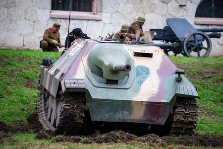 Komarom Hungary fort of Monostor Oct. 2 22: Reenactors World War II German Wehrmacht, SS Soldiers Fighting with invading Soviet red army forces. Free public event.のeditorial素材