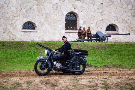 Komarom Hungary fort of Monostor Oct. 2 22: Reenactors World War II German Wehrmacht, SS Soldiers Fighting with invading Soviet red army forces. Free public event.のeditorial素材