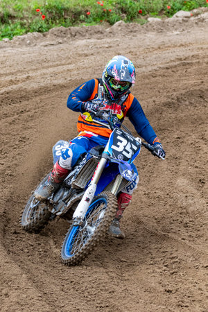 Tapiobicske Hungary - June 11, 23 :  Unidentified racers in MX2  MX2 race during the open, Motocross Championship.のeditorial素材