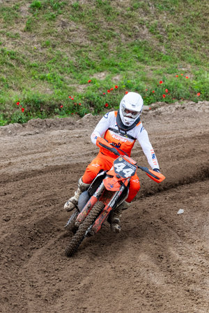 Tapiobicske Hungary - June 11, 23 :  Unidentified racers in MX2  MX2 race during the open, Motocross Championship.のeditorial素材