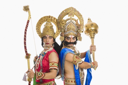 Two stage artists dressed-up as Rama and Ravana the Hindu mythological charactersの写真素材
