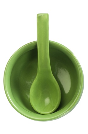 High angle view of ceramic bowl and soup spoonの写真素材