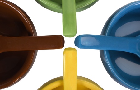 High angle view of ceramic bowls and soup spoonsの写真素材