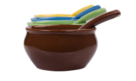 Close-up of ceramic bowls and soup spoonsの写真素材