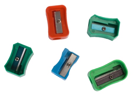Close-up of assorted colorful pencil sharpenersの写真素材
