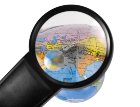 India on globe viewed through a magnifying glassの写真素材