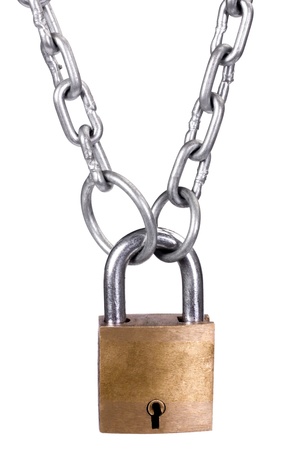 Close-up of a padlock with a chainの写真素材