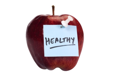Close-up of an apple with an adhesive noteの写真素材