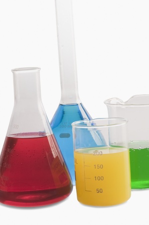 Close-up of laboratory glassware with chemicalsの写真素材