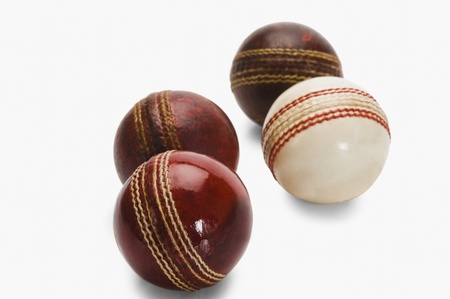 Close-up of old and new cricket ballsの写真素材