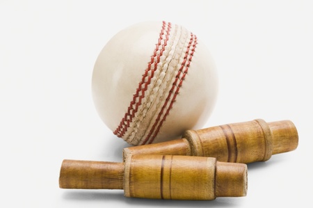 Close-up of a cricket ball and bailsの写真素材