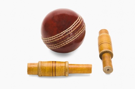 Close-up of a cricket ball and bailsの写真素材