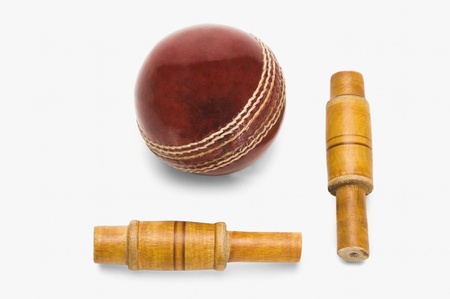 Close-up of a cricket ball and bailsの写真素材