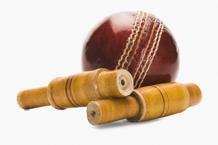 Close-up of a cricket ball and bailsの写真素材