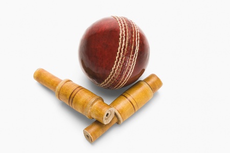 Close-up of a cricket ball and bailsの写真素材