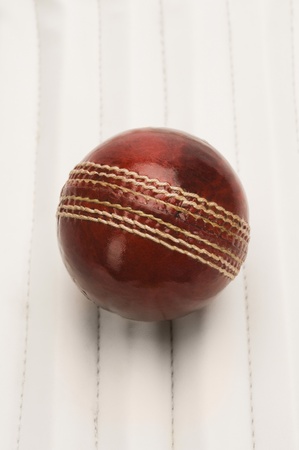 Close-up of a cricket ball on a cricket padの写真素材