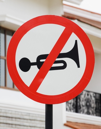 Close-up of a 'Horn Prohibited' road sign, Bangalore, Karnataka, Indiaの写真素材