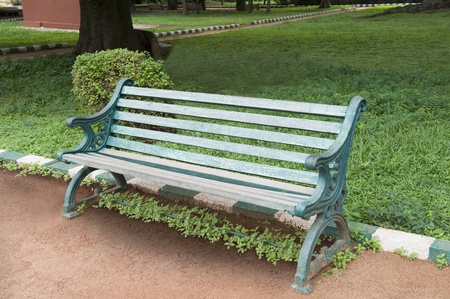 Bench in a botanical garden, Lal Bagh Botanical Garden, Bangalore, Karnataka, Indiaの写真素材