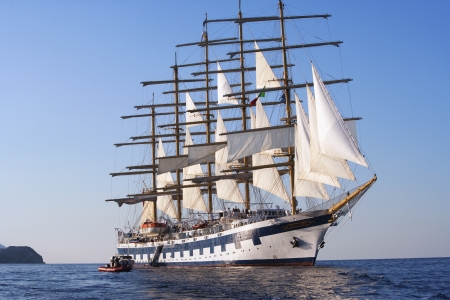 Clipper ship in the sea, Tyrrhenian Sea, Lipari Islands, Province of Messina, Sicily, Italyのeditorial素材