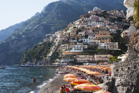 Tourists on the beach, Amalfi, Province Of Salerno, Gulf Of Salerno, Tyrrhenian Sea, Campania, Italyのeditorial素材