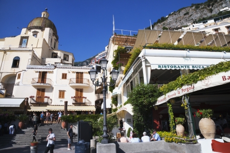 Restaurant near a church, Amalfi, Province Of Salerno, Gulf Of Salerno, Tyrrhenian Sea, Campania, Italyのeditorial素材