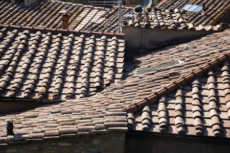 High angle view of houses in a old town, Volterra, Province of Pisa, Tuscany, Italyの写真素材