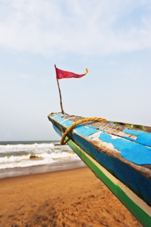 Small flag on the bow of a fishing boat, Puri, Orissa, Indiaの写真素材