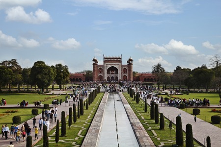 Tourists on the walkways beside the pool, Taj Mahal, Agra, Uttar Pradesh, Indiaのeditorial素材