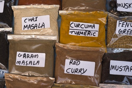 Spices in plastic bags for sale, Pushkar, Ajmer, Rajasthan, Indiaの写真素材