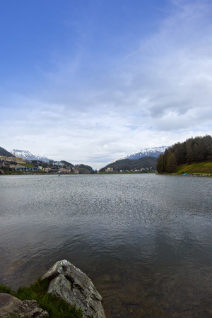Lake with town, St. Moritz, Italyの写真素材