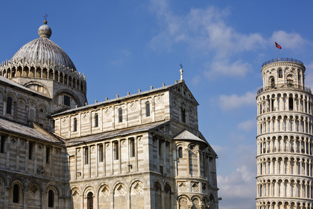 Tower with a cathedral, Leaning Tower of Pisa, Pisa Cathedral, Piazza dei Miracoli, Pisa, Tuscany, Italyの写真素材
