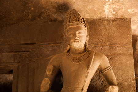 Statue at Elephanta Caves, Maharashtra, Indiaの写真素材
