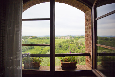 Trees on a hill viewed through from a window, Siena, Siena Province, Tuscany, Italyの写真素材