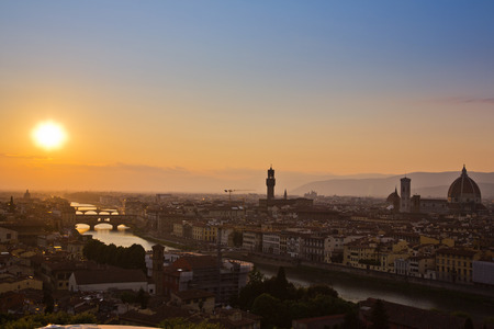 Palazzo Vecchio and Duomo Santa Maria Del Fiore at dusk, Florence, Tuscany, Italyの写真素材