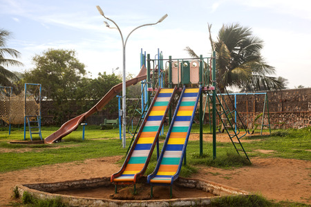 Slides in a park, Visakhapatnam, Andhra Pradesh, Indiaの写真素材