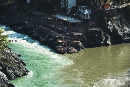 Confluence of the Alaknanda and Bhagirathi rivers to form the Ganges at Devprayag, Tehri Garhwal,...