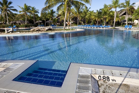 Luxury Resort Hotel Swimming Pool with Palm Trees の写真素材